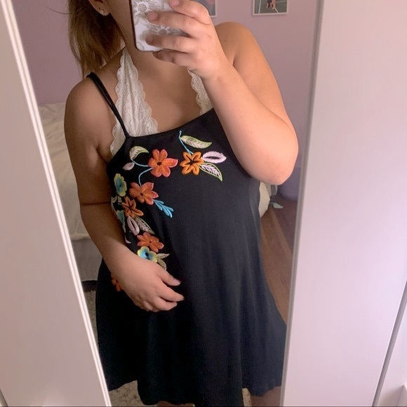 Free People Embroidered Floral Shift Mini Dress Black - Picture 5 of 12